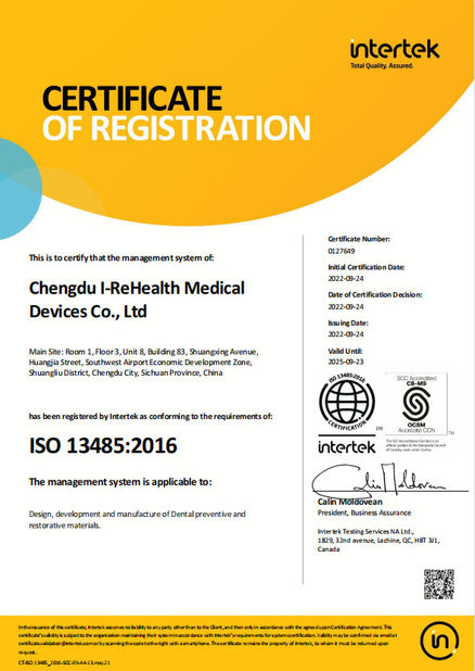 Chine Chengdu I-ReHealth Medical Devices Co., Ltd certifications